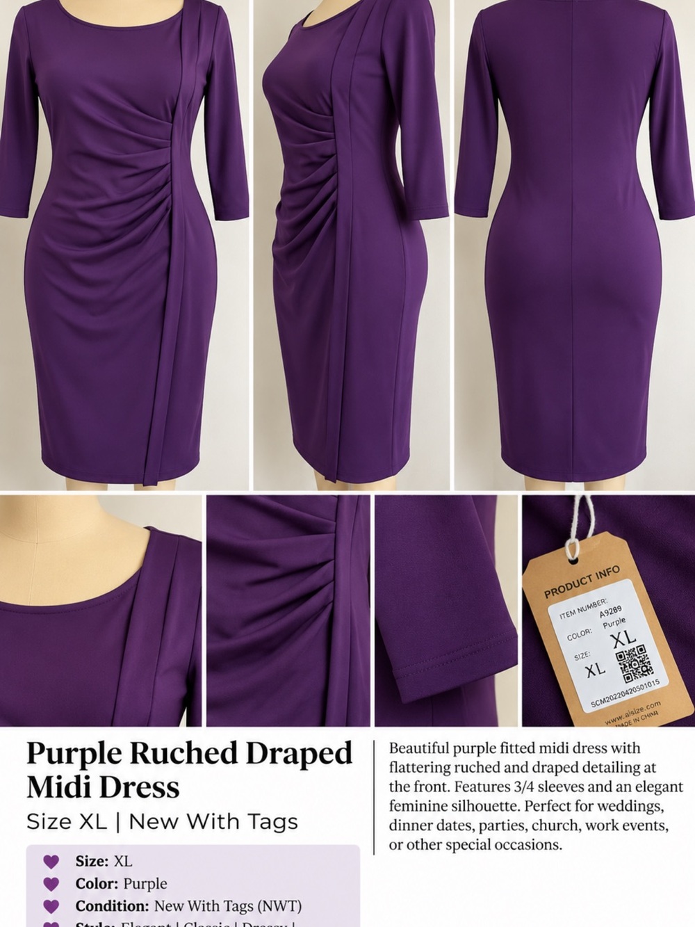 Anaire Purple Draped Long Sleeve Dress Size Medium NWT